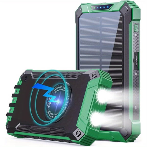 46800mAh Solar Power Bank, Wireless Charging, 4 Built-in Cables, USB-C Port, Dual Flashlights, Solar Panel Charger for Cell Phones, Portable Battery Pack for Camping & Hiking