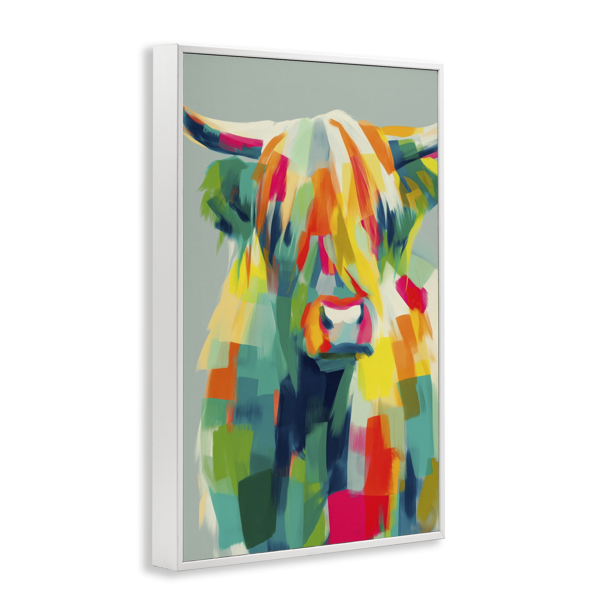 Stupell Industries Highland Cow Abstract Patchwork White Framed Giclee Art, design by Chromatic Storm Studio