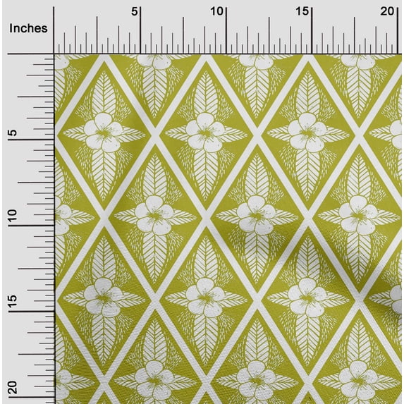 oneOone Cotton Poplin Lime Green Fabric Artistic Floral & Diamond Geometric Dress Material Fabric Print Fabric By The Yard 56 Inch Wide