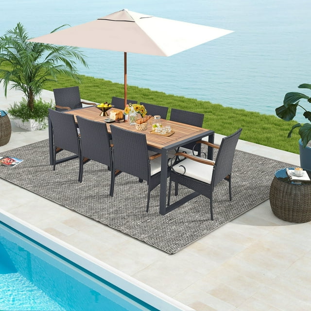 Costway 9 Pieces Patio Rattan Dining Set with Acacia Wood Table, 1.9" Umbrella Hole