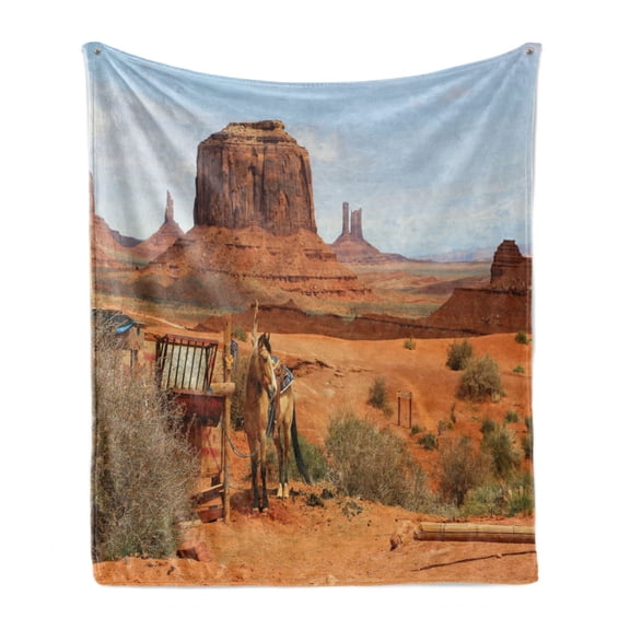 Western Horse Soft Flannel Fleece Throw Blanket, Western Scenery in American Outdoors Desert Landscape Monument Valley, Cozy Plush for Indoor and Outdoor Use, 50" x 70", Multicolor, by Ambesonne