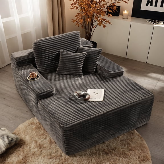 XIZZI 67" Chaise Lounge Indoor, No Assembly Required, Oversized Upholstered Sleeper Sofa Bed with Throw Pillows, Plush Fabric, Gray