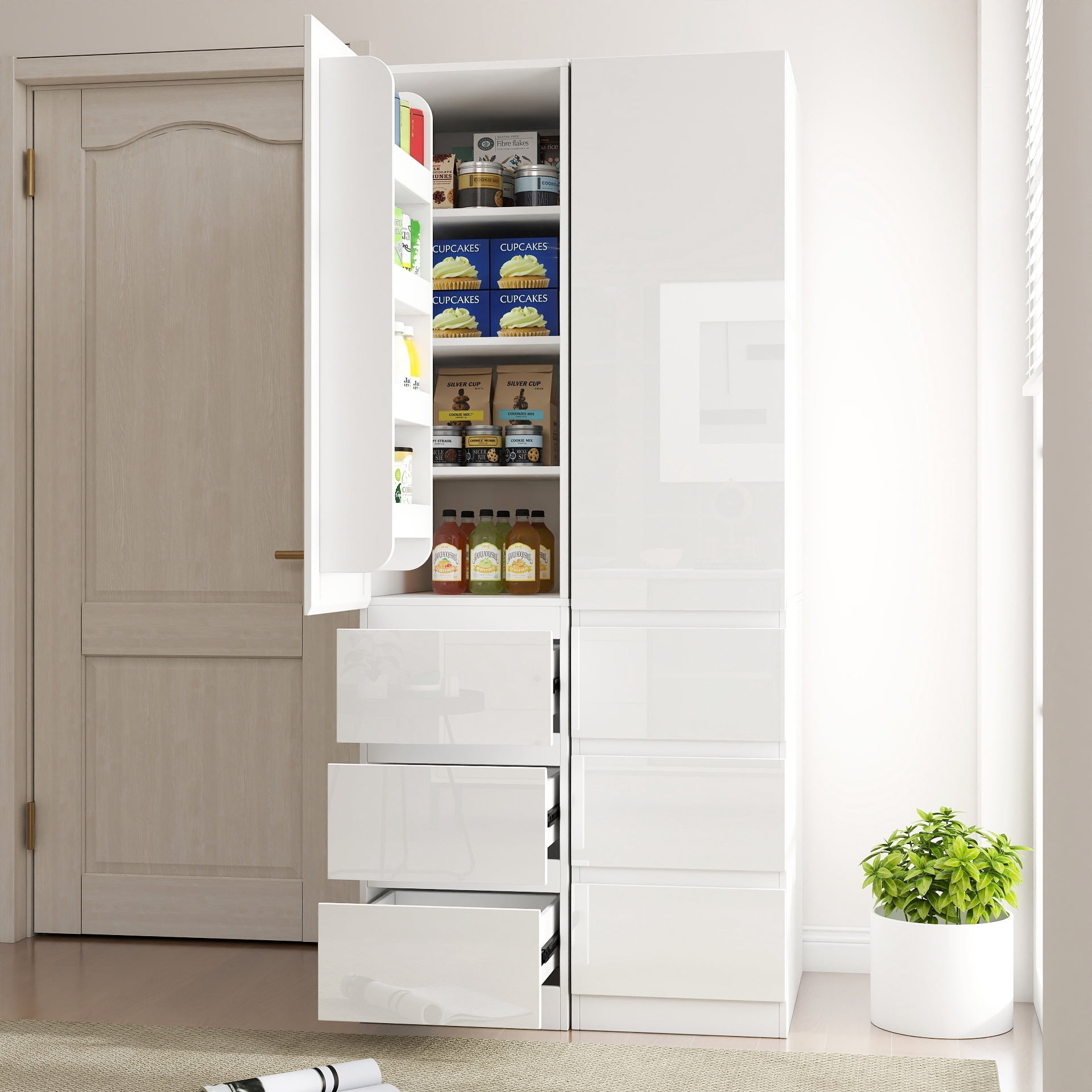 Large Kitchen Pantry Storage Cabinet Freestanding Hutch with 3 Drawers Shelves, White