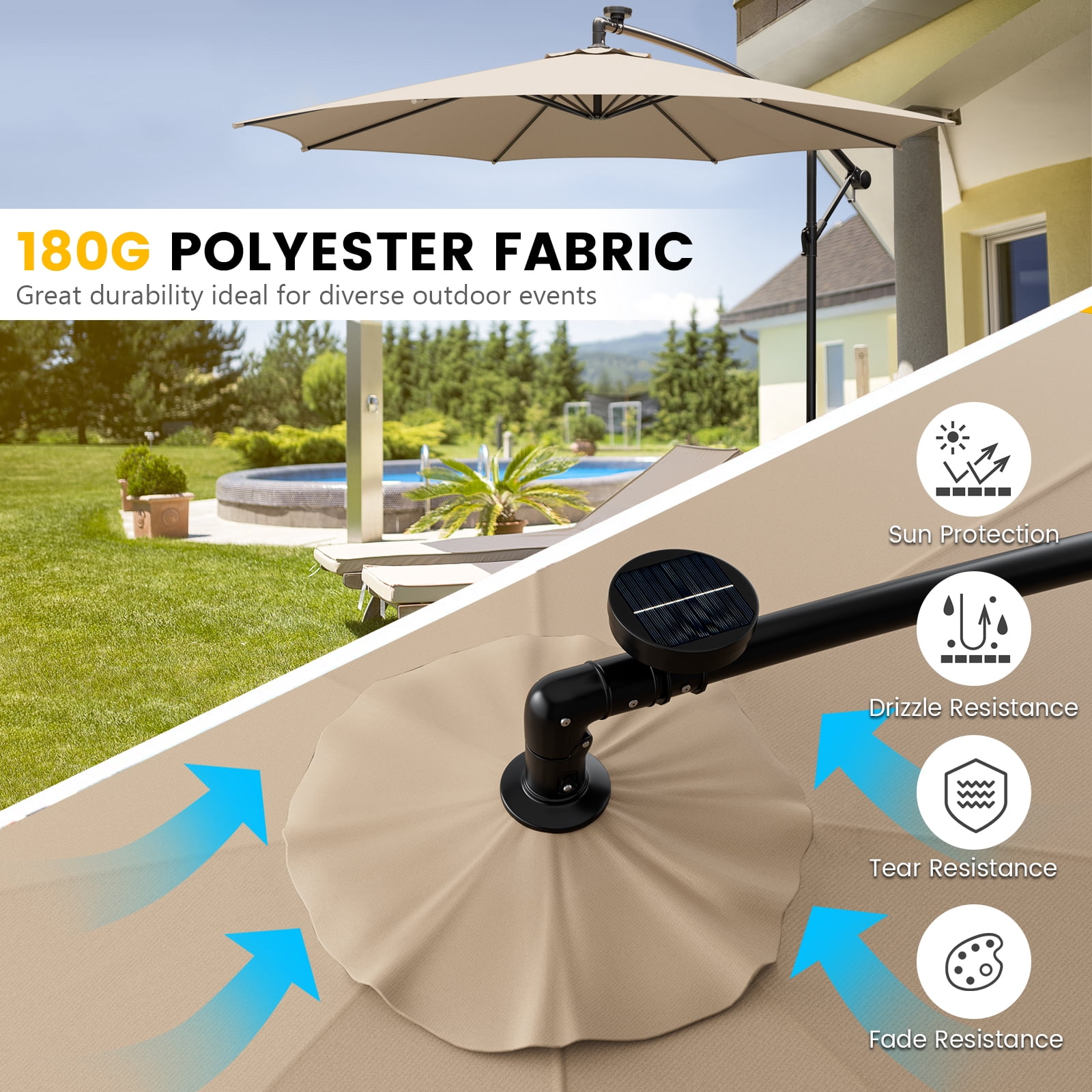 Topbuy 10FT Solar Offset Umbrella Tilted Cantilever Umbrella with 112 LED Lights Lighted Patio Sun Shade with Crank Handle Beige