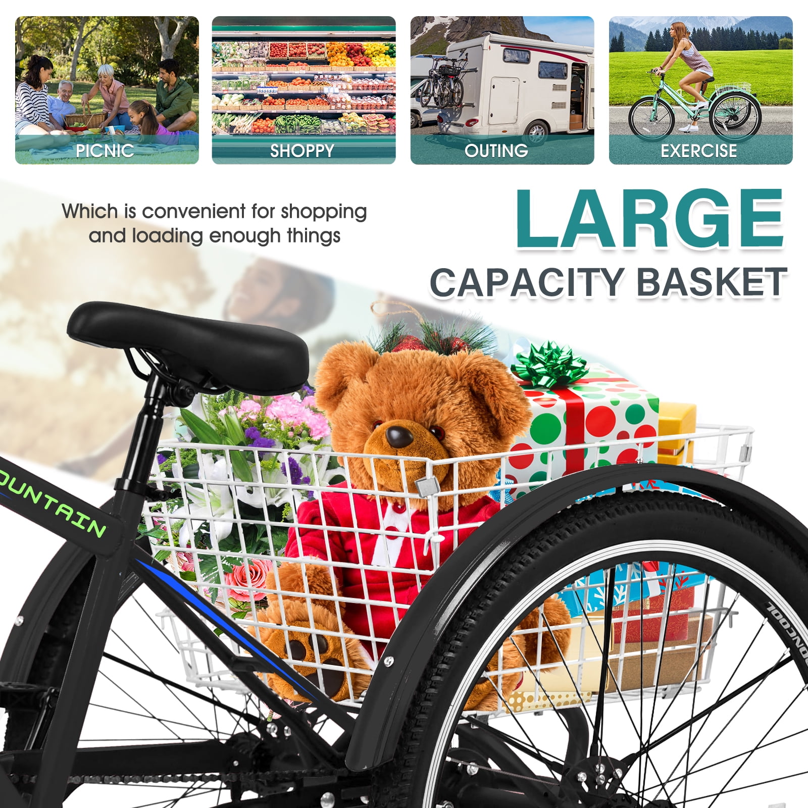 Slsy Mountain Tricycle for Adults, 24/26/27.5 Inch MTB 7 Speed Three Wheel Bike, Adults Tricycle with Cargo Basket for Adults, Women, Men, Seniors