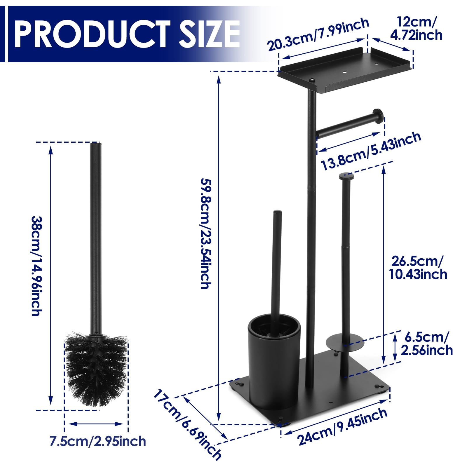Dznils Free Standing Stainless Steel Toilet Paper Holder with Roll Reserve, Toilet Brush and Top Storage Shelf, Black