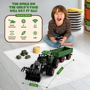 Remote Control Tractor Toy with Trailer, 2.4GHz 1:24 RC Farm Truck, Metal Hood, Front Loader, 8 Rubber Tires, Hay Bale & Animal Figures, Gifts for Kids Ages 3+