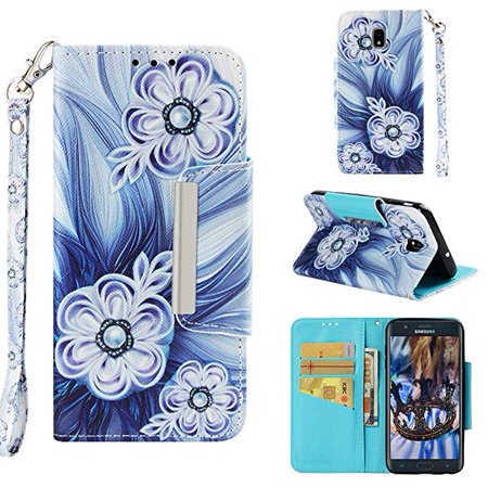 Durable Printing - Case for Samsung Galaxy J7 2018, Allytech PU Leather 3D Printing Wallet Case Inner Soft Bumper with Durable Magnetic Closure & Wrist Strap for Samsung Galaxy J7 2018 Phone, Button Flower