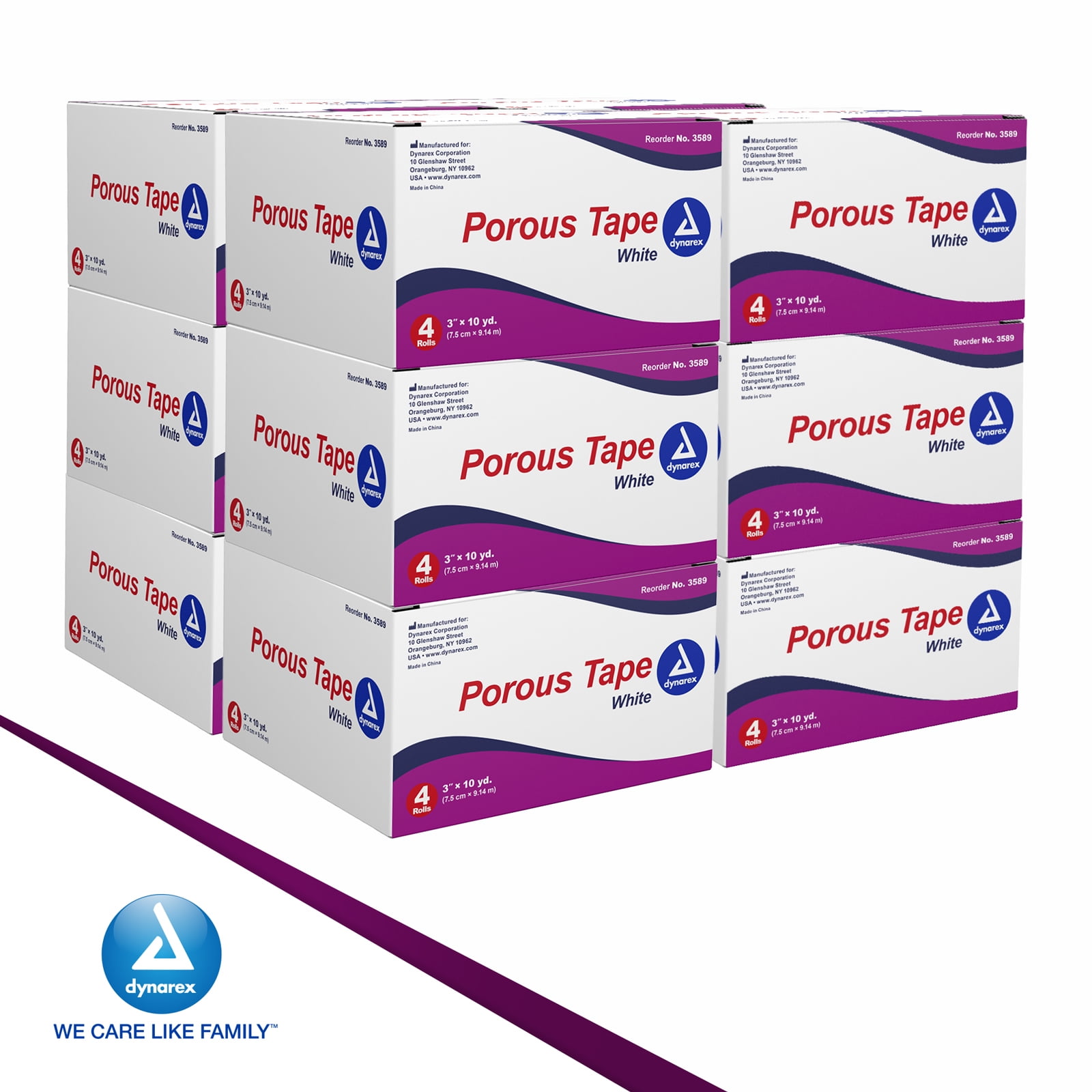 Dynarex Porous Tape - Medical Tape for Wound Care - Non Sterile, Easy to Tear Adhesive Fabric Tape, No Natural Rubber Latex - White, 3" x 10 Yards Per Roll, 1 Case - 48 Rolls