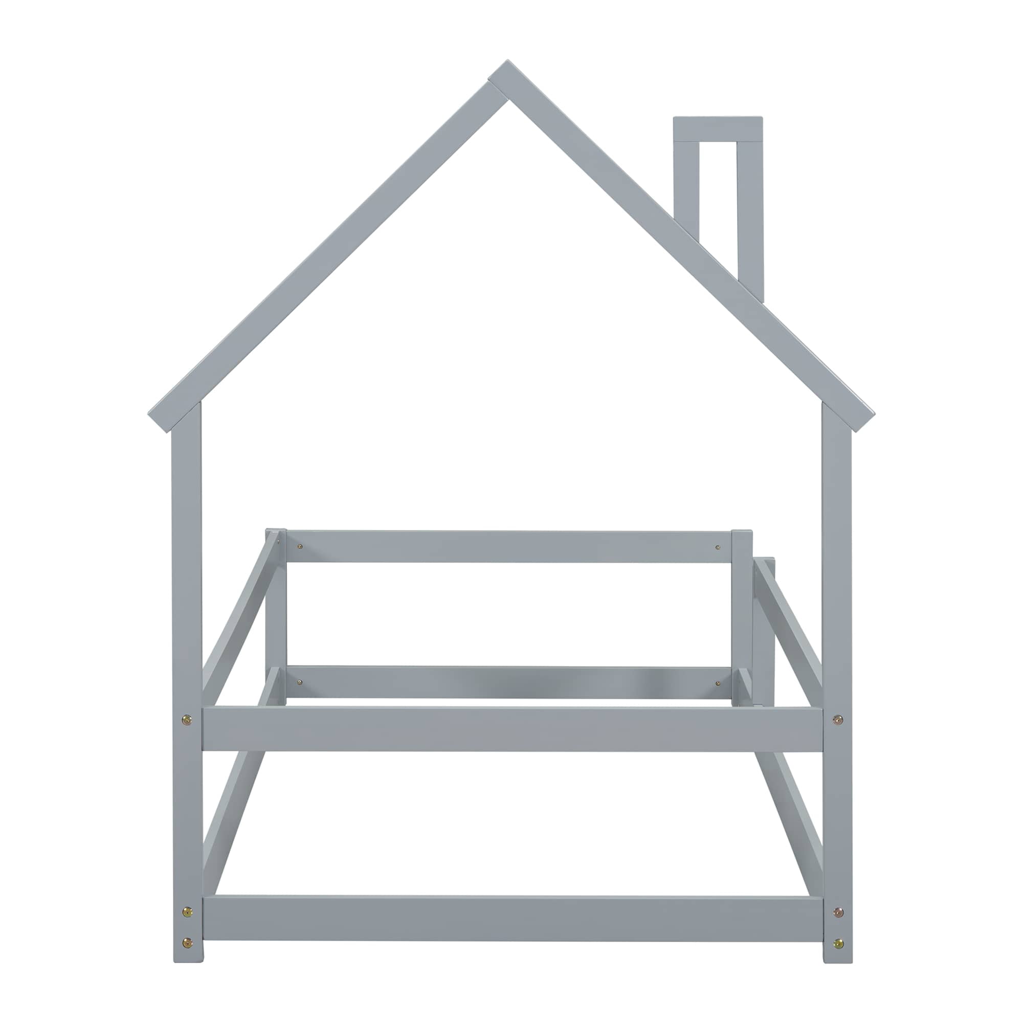 MAYEERTY Twin Size Wood Bed Frame with House-Shaped Headboard with Fences for Adult, Grey