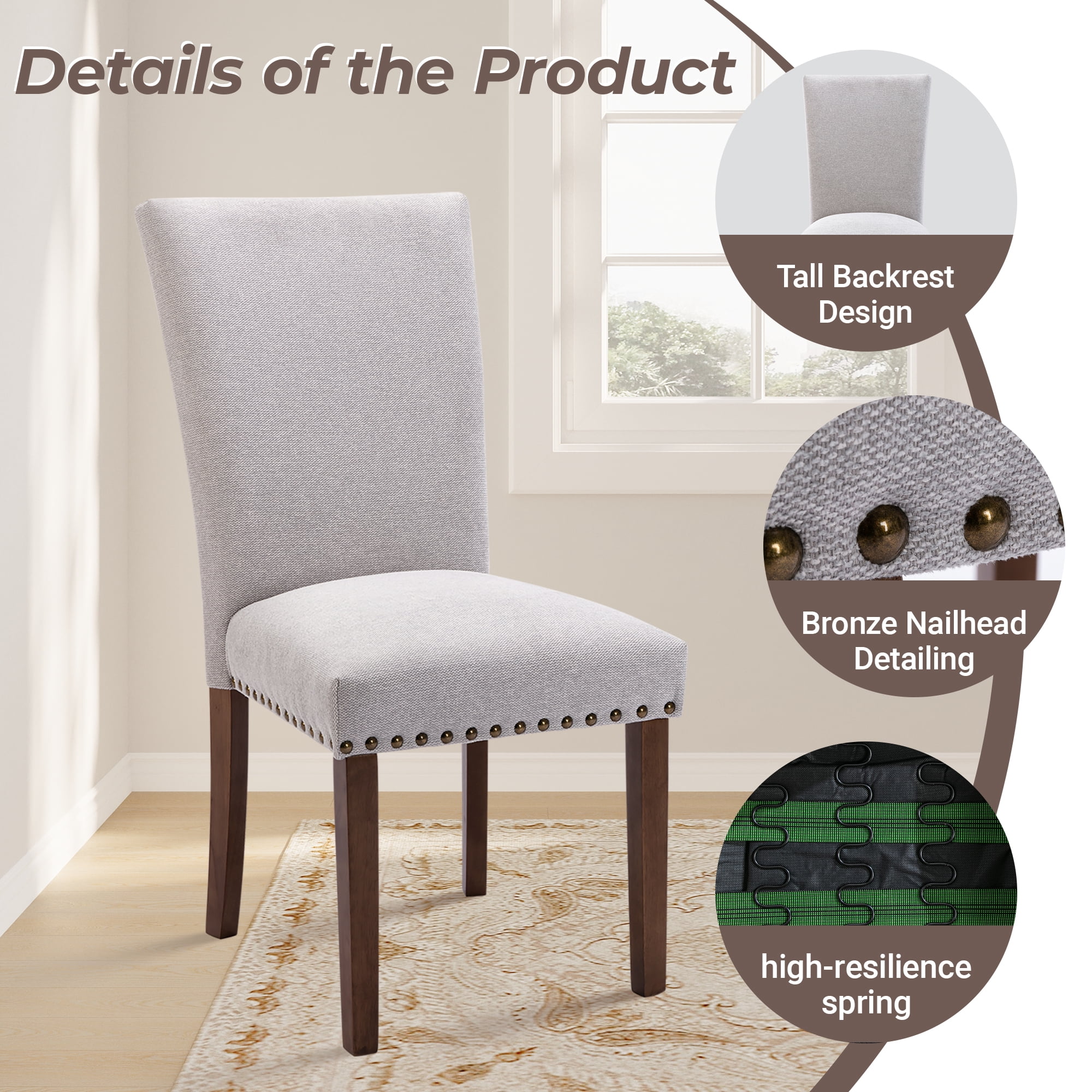 Mid-Century Fabric Dining Chairs Set of 6 with Nailhead Detail and Wooden Legs, Upholstered Side Chairs for Kitchen and Dining Room – Lightgrey