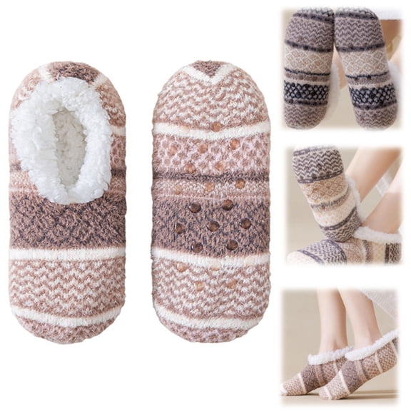 Womens Fuzzy Socks for Women Fluffy Slipper Socks with Grips Warm Cozy Winter House Socks Non Slip Gripper Ankle Socks (Brown)