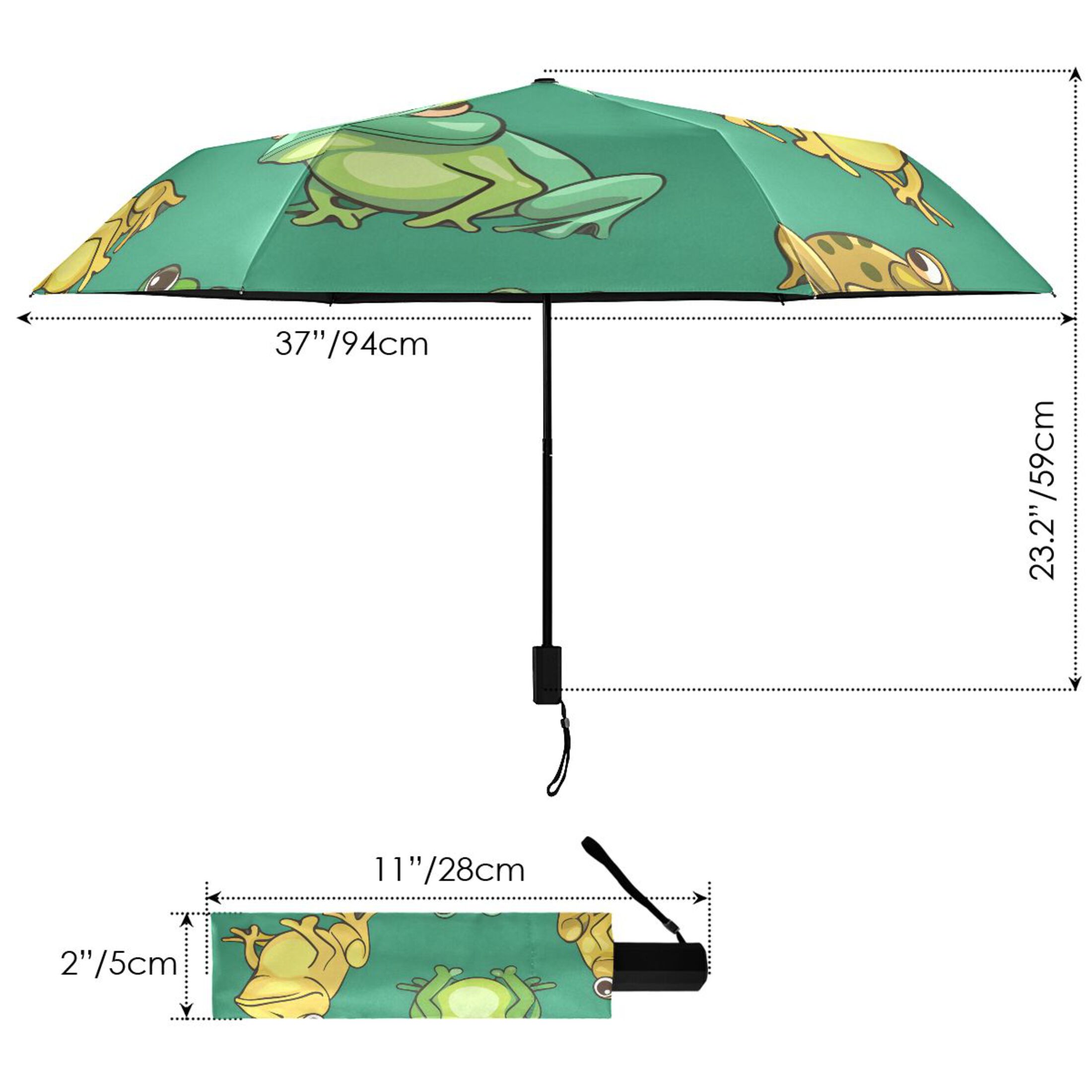 Cartoon Frogs All Weather Umbrella Triple Folding Parasol 6 Ribs UV Protection Portable