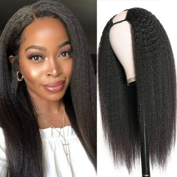 Kinky Straight U Part Wigs for Black Women, Synthetic Short Yaki Straight Curly Black Wigs for Natural Hair, Full Head U Shape Wig Clip in Curly Wig 150 Density 1B 16inch 1B Kinky straight 16 Inch