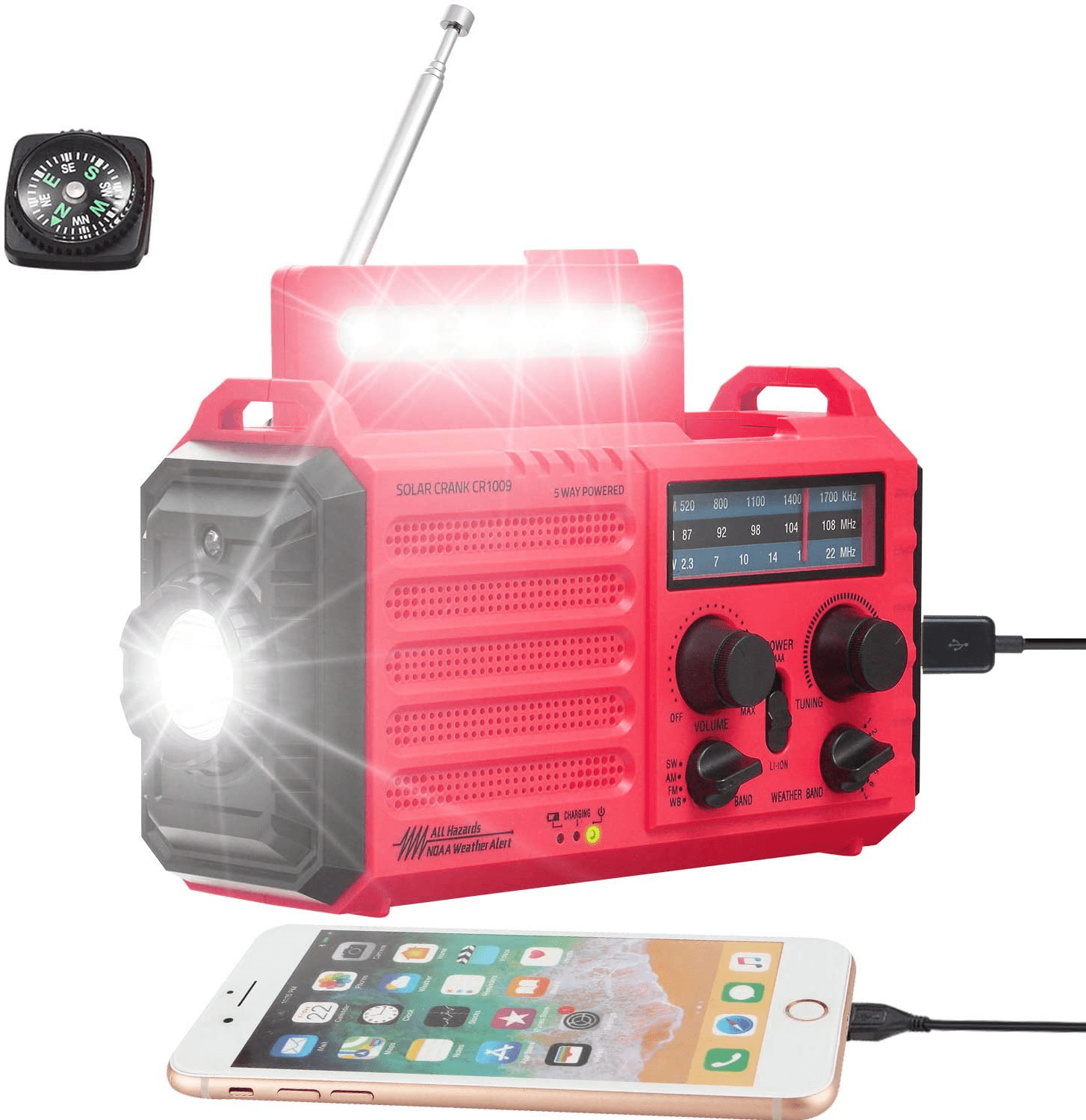 Rocam Emergency Hand Crank Portable Radio Solar Power AM/FM/SW/NOAA Weather Radio with 2000mAh Power Bank Phone Charger SOS Alarm and Compass Green 7 Weather Band 3W LED Flashlight Reading Lamp 