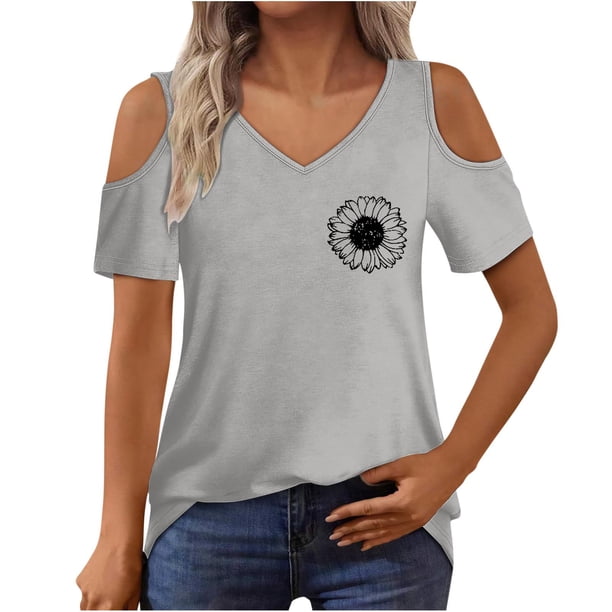Algodón Fuera Del Hombro Tops para la Impresión de las Mujeres Manga Corta V-Cuello Blusa, Top de Algodón de Imitación de Moda