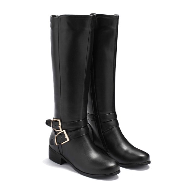 Bottes Plates pour Femmes Hauteur Genou Bout Rond Fermeture Éclair avec Doublure en Fourrure, Cuir Mat Talon Bas Bloc Style Western Bottes Hautes Boucle Style Cowboy Mode Chaudes pour Chaussures d'Hiver pour Femmes Filles