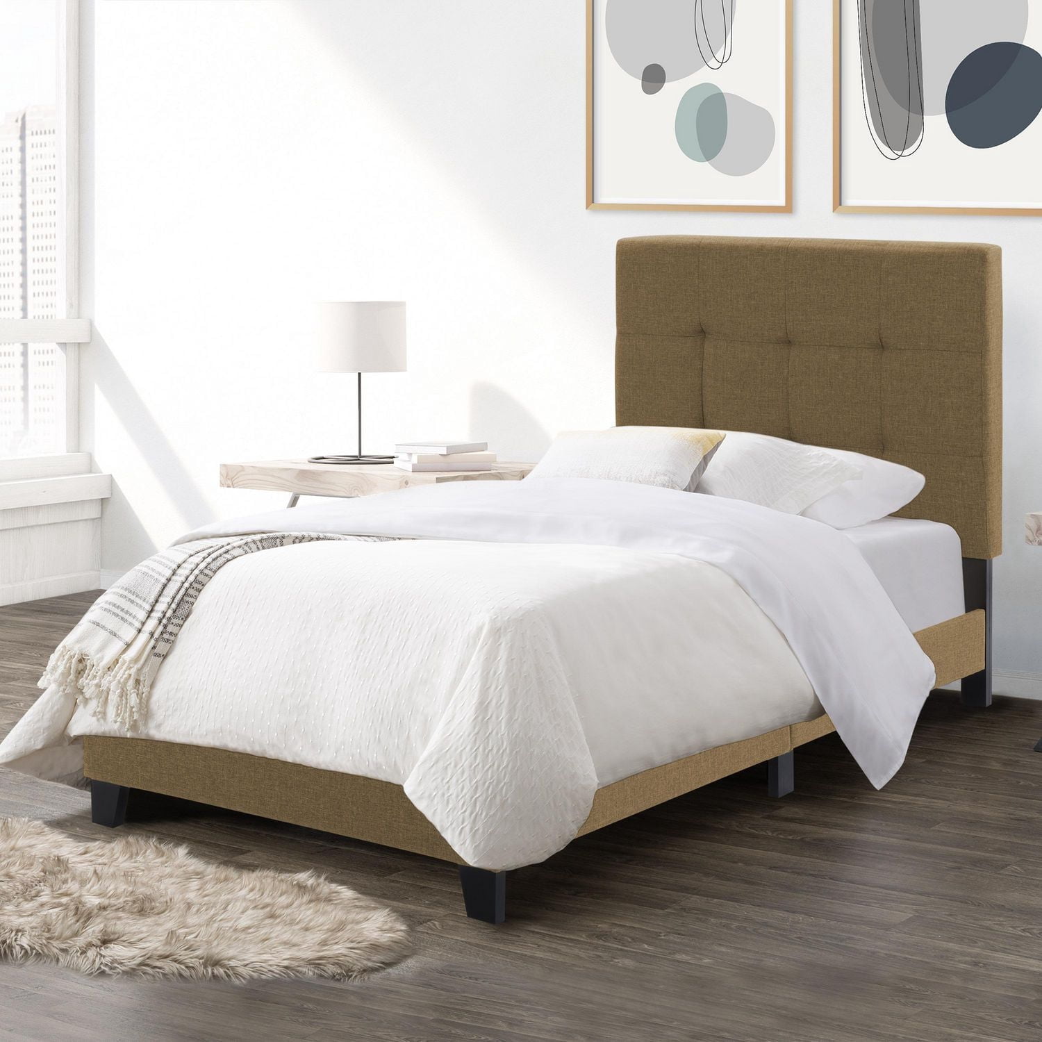 Lit plateforme capitonné en tissu CorLiving Ellery pour adulte, avec tête de lit capitonnée et lattes, brun argile