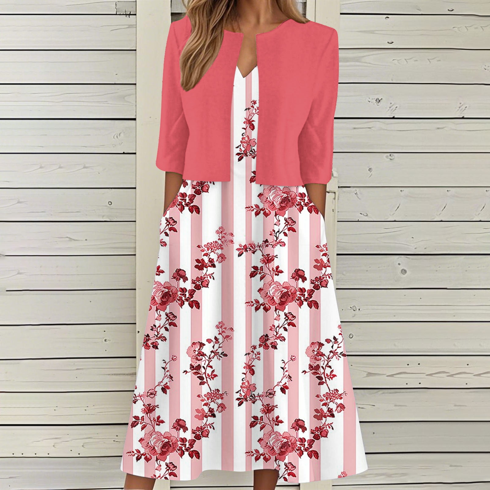 Women Dresses for Special Occasions Summer Two-Piece Printed V-Neck Elegant A Line Tank Dress And Half Sleeve Cardigan Tops Set Suit Plus Size Ladies Skirt Party Elegant UK For Prom