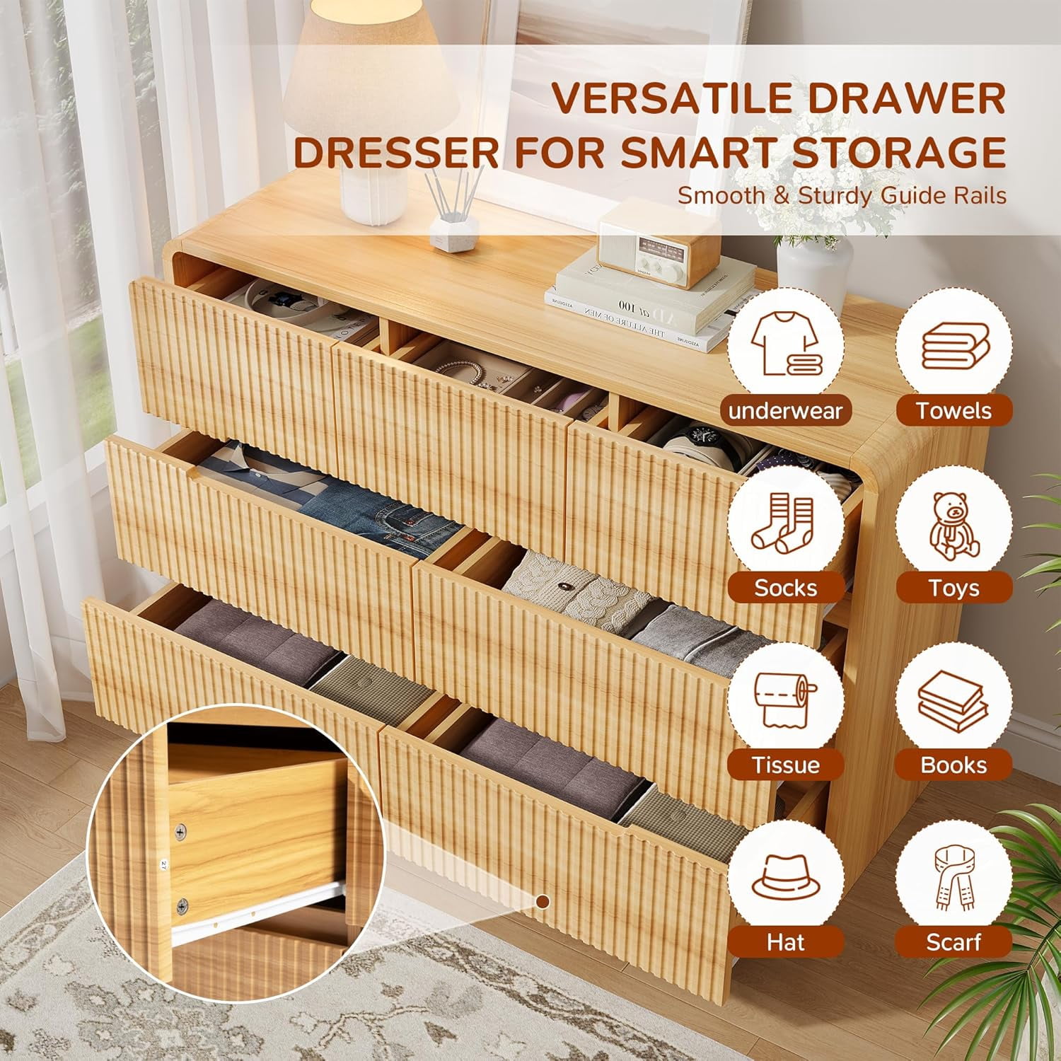 Fluted Dresser for Bedroom, 7 Drawer Dressers for Closet 48" Wide Large Wood Dresser Modern TV Stand, Wooden Clothes Storage Organizer Chest of Drawers for Living Room Hallway Entryway