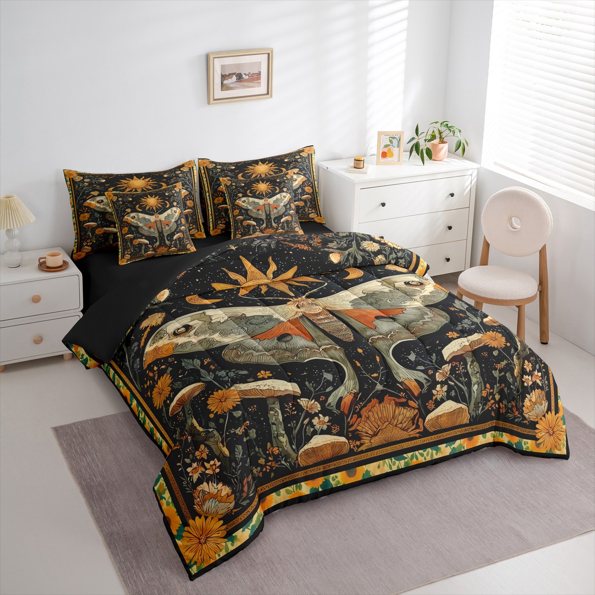 jejeloiu Retro Boho Moth Bedding Comforter Set 7pcs,Gothic Theme Queen Bedding Sets,Rustic Mushroom Queen Sheet Sets For Teens,Super Cozy Room Decor Reversible