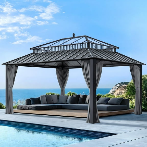 Sunjoy 16x12 Outdoor Gazebo, Steel & PC Roof Hardtop Gazebo with Curtain and Netting, Gray Aluminum Posts,Kingston Series