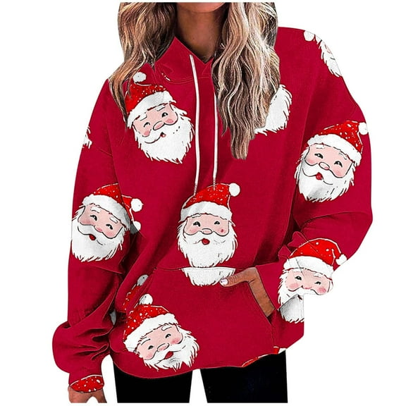 Lorytime Christmas Cute Hoodies for Women Santa Claus Print Sweatshirt Long Sleeve Pullover Drop Shoulder Loose Tops