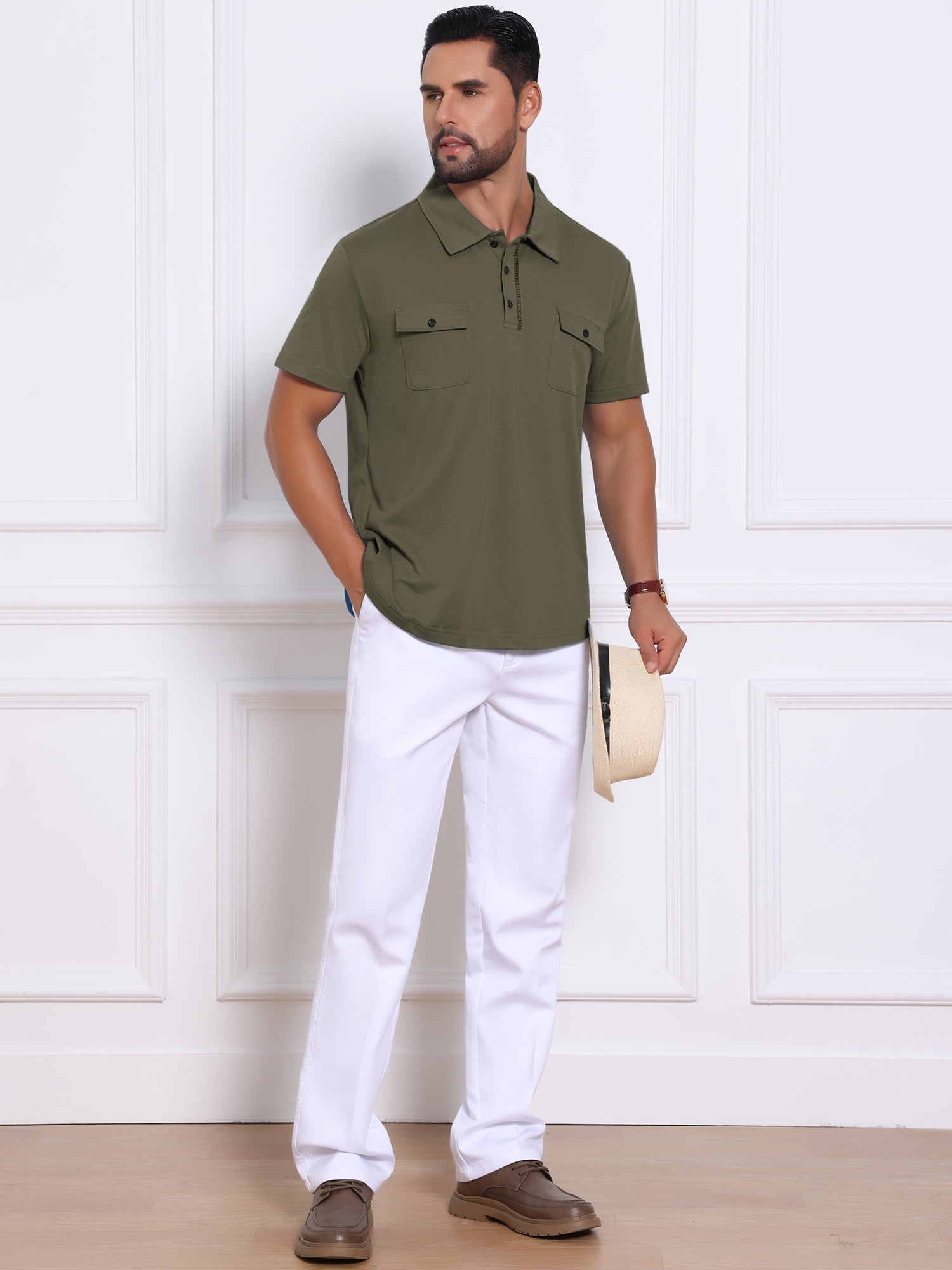 DARING DIVA Men's Collared Short Sleeve Double Chest Pockets Polo Shirt 2XL Olive Green