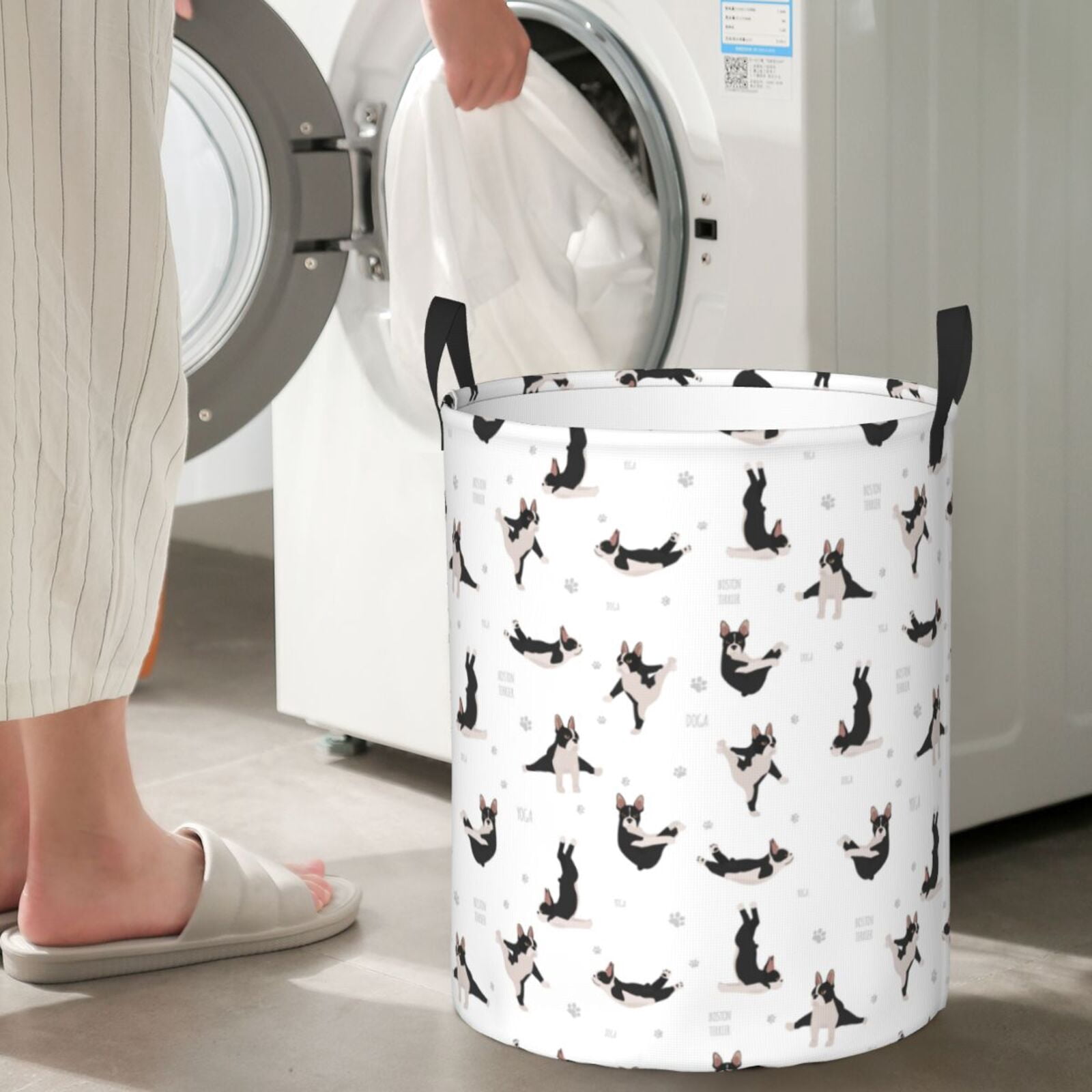 Large Laundry Basket with Handles - Yoga dogs funny Boston terrier Kids Baby Dirty Clothes Laundry Hamper for Bedroom Aesthetic