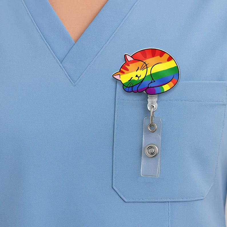 TiniDecor Rainbow Cat Badge Reel, Retractable ID Holder, Cute Pride Gift for Nurse, Student