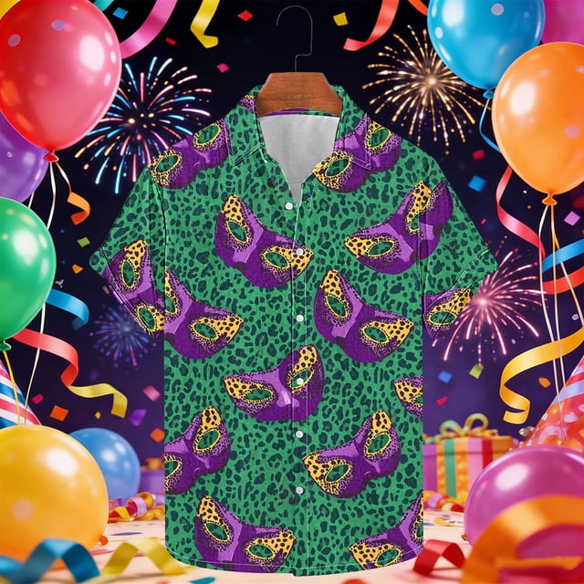 Ceisia Men's Mardi Gras Festive Print Short Sleeve Button-Up Shirt Collection | Leopard Print & Carnival Mask Button-Up Shirt Gifts