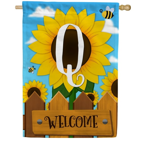 America Forever Spring Monogram House Flag Letter Q 28 X 40 inches Double Sided Vertical Outdoor, Yard, Lawn, Beautiful Bright Sunlowers, Floral Design, Honeybee, Summer Welcome House Flag