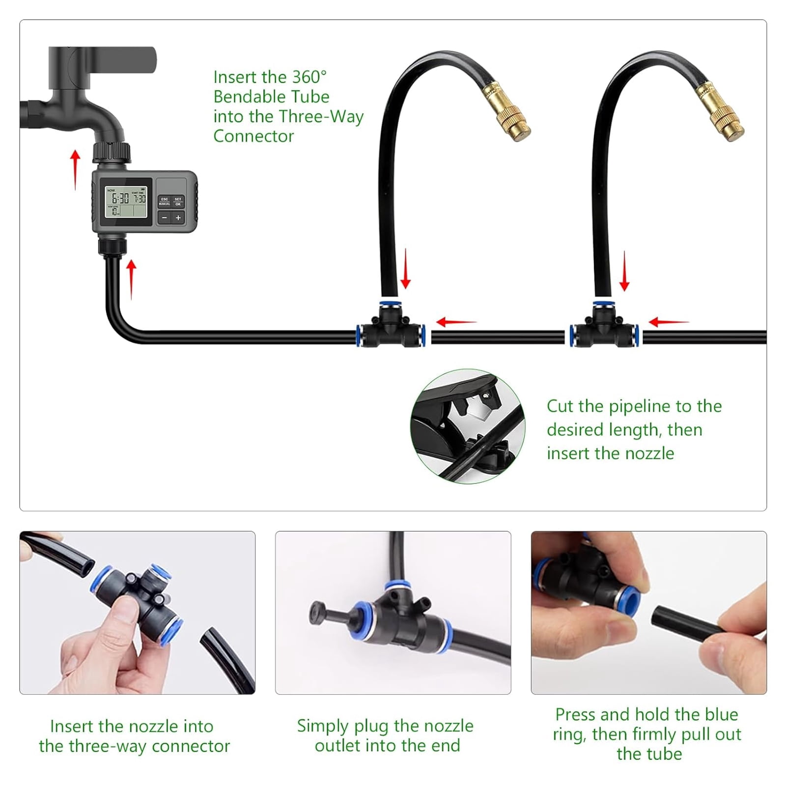 Petyoung 60FT Drip Irrigation System with Water Timer, Automatic Garden Watering Kit with Bendable Hose and Adjustable Nozzles for Greenhouse