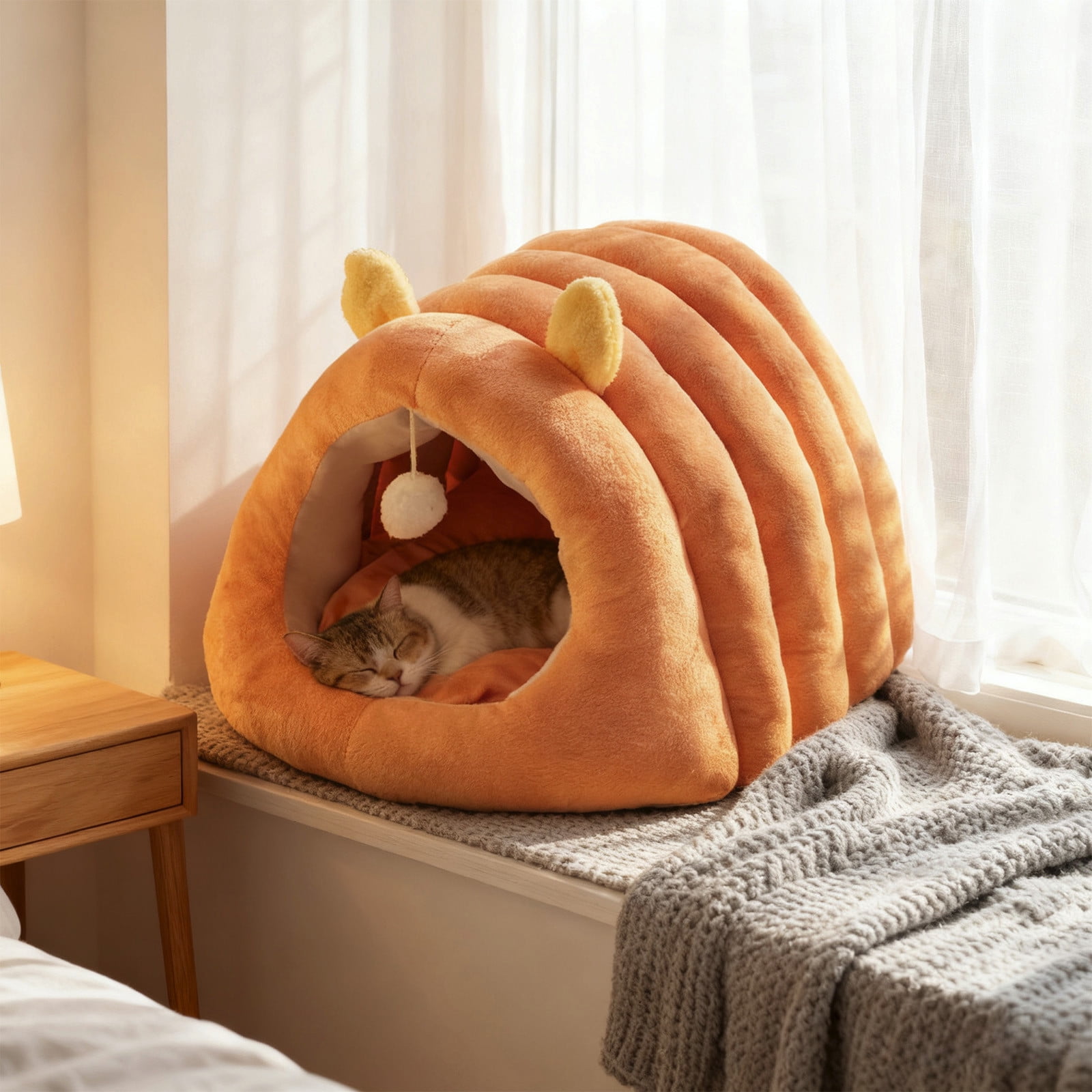Cat Bed Upgraded Warm Pet Bed For Winter, Calming Plush Anti-Anxiety Cuddler, Removable Cushion, For Cats Dogs Under 6 Pounds Home Decor