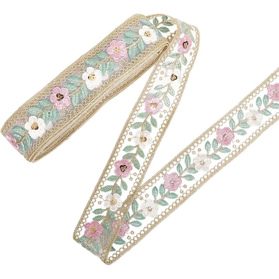 10 Yards 0rganza Flower Embroidered Ribbon Trim Tape Jacquard Polyester Boho Sequin Embroidery Ribbons Floral Woven Applique Trimming Bulk