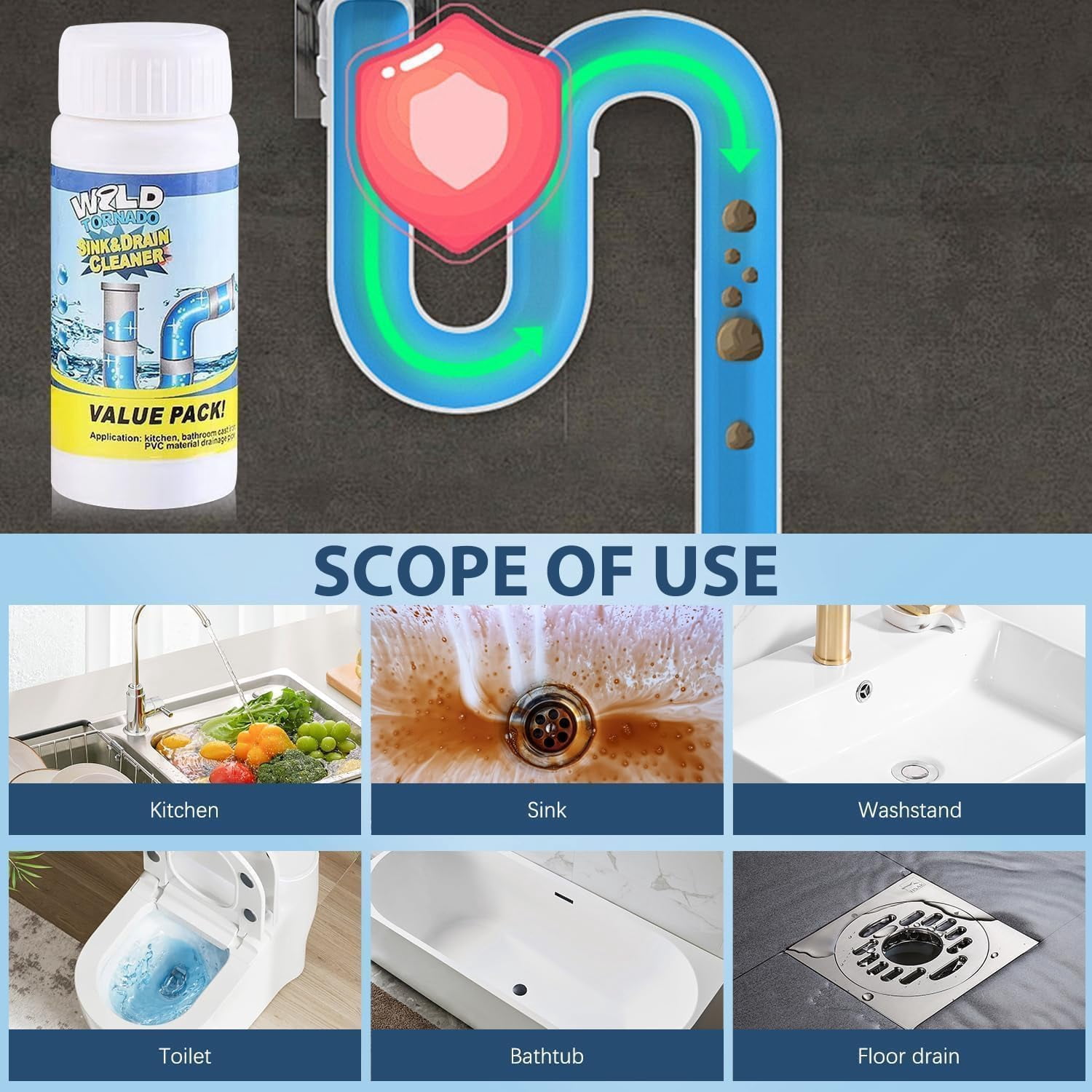 Sink & Drain Cleaner Powder, Heavy Duty Pipe Clog Remover for Toilet & Kitchen, Safe Non-Corrosive Foaming Agent,（2-4 Pack）