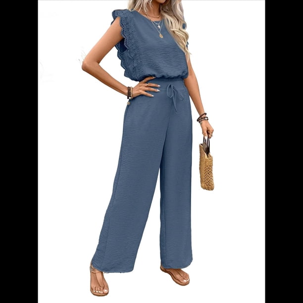 para Mujer, Verano 2025, Mangas con Volantes, Cuello Cuadrado, Mono con Cordón y Bolsillos, Azul Real, Talla M