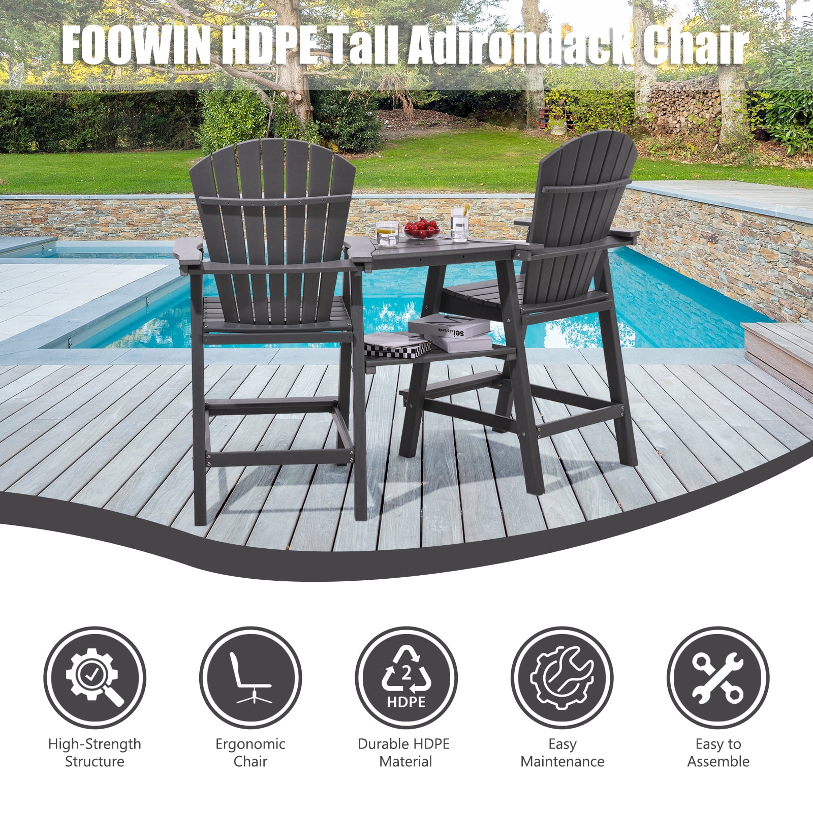 FOOWIN Tall Adirondack Chairs Set of 2，HDPE Outdoor Adirondack Barstools with Double Connecting Tray Patio Stools Weather Resistant for Outdoor Deck Lawn Pool Backyard,Grey