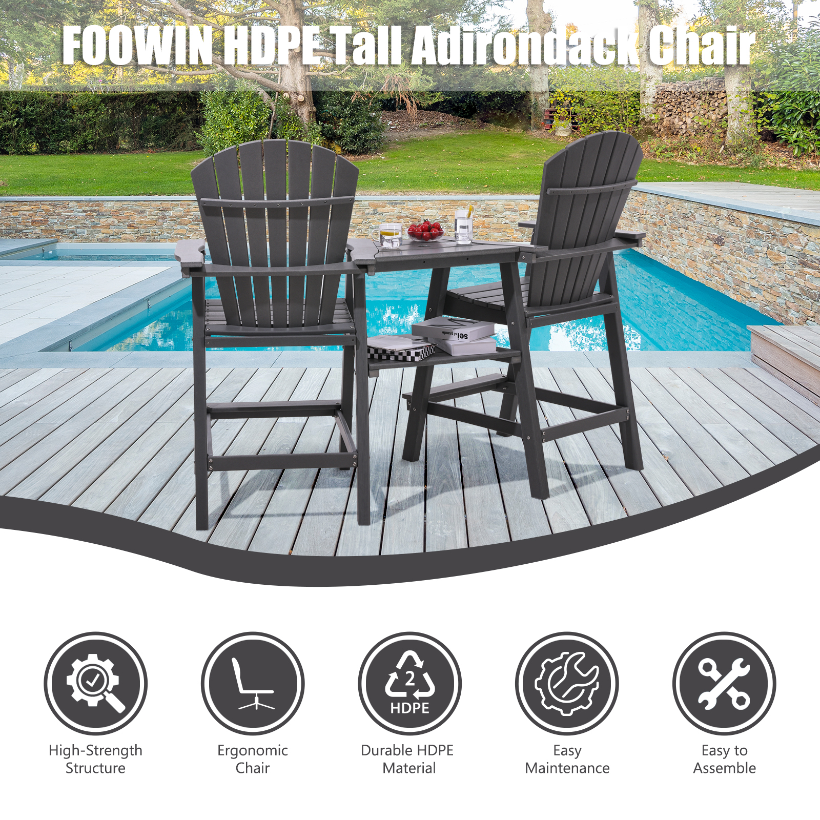 Foowin Tall Adirondack Chairs Set of 2, Gray photo 3