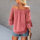 thumbnail image 3 of Top con hombros descubiertos para mujer, mangas 3/4 acampanadas, corte holgado, forro elástico en el interior, blusa de verano, rojo, naranja, S, 3 of 8