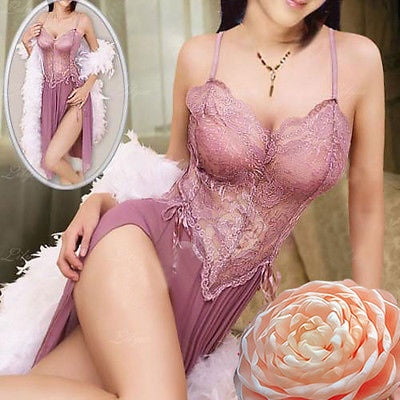 

Hot Sexy Lingerie Lace Babydoll High Slit Braces Dress Lingerie Womens Pleated Underwear Sleepwear Pink