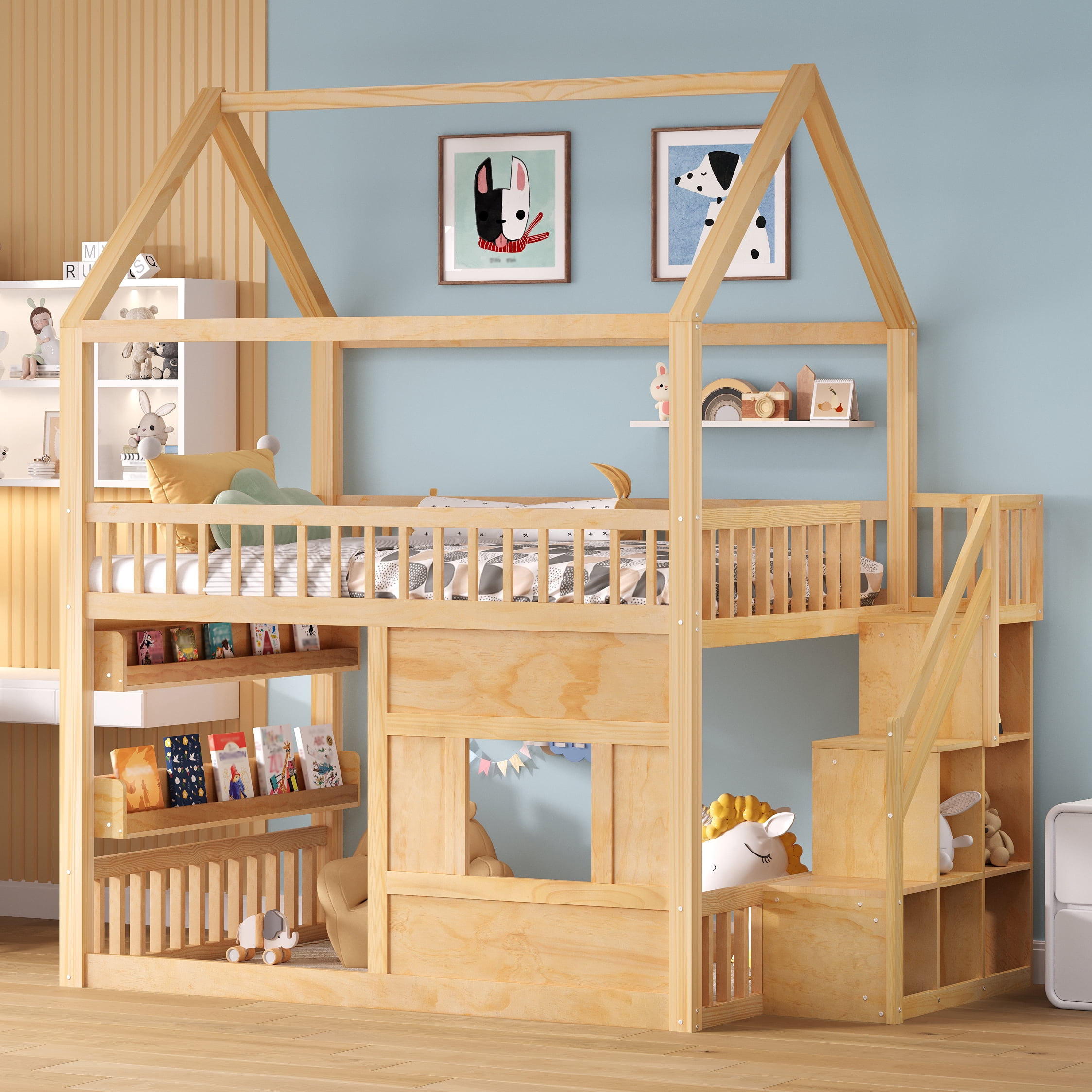 Euroco Wood Full over Full Bunk Bed with Staircase, House Bed with LED Light, Natural