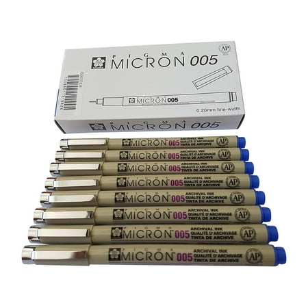 Pigma Micron pen 005 Blue ink marker felt tip pen, Archival pigment ink pens, 0.20mm line-width fine point for artist, technical drawing pens - 8 pack of Micron 005 blue By