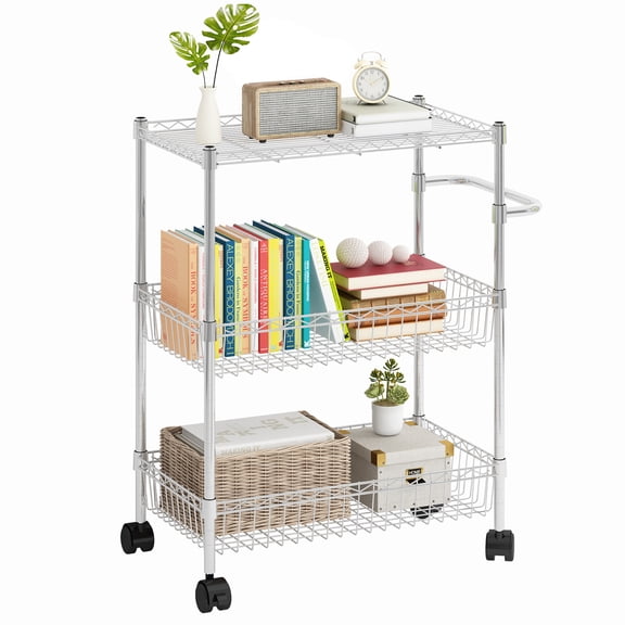 3 Tier Rolling Utility Kitchen Cart, Heavy Duty Wire Rolling Cart on Wheels, Commercial Metal Serving Carts with Handle, Kitchen Island Plant Shelf Food Storage Trolley for Laundry, Office, Garage