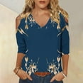 thumbnail image 2 of Quinlirra Women's T-shirts for 2025 Women's Fashionable Casual 3/4 Sleeve Off Shoulder V-neck Printed Top, 2 of 5