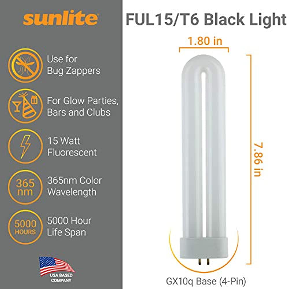 Black Light Sunlite 05155-SU FUL15T6/BL 15-watt FUL 4-Pin Single U-Shaped Twin Tube Compact Fluorescent Plug-in GX10Q Base Light Bulb