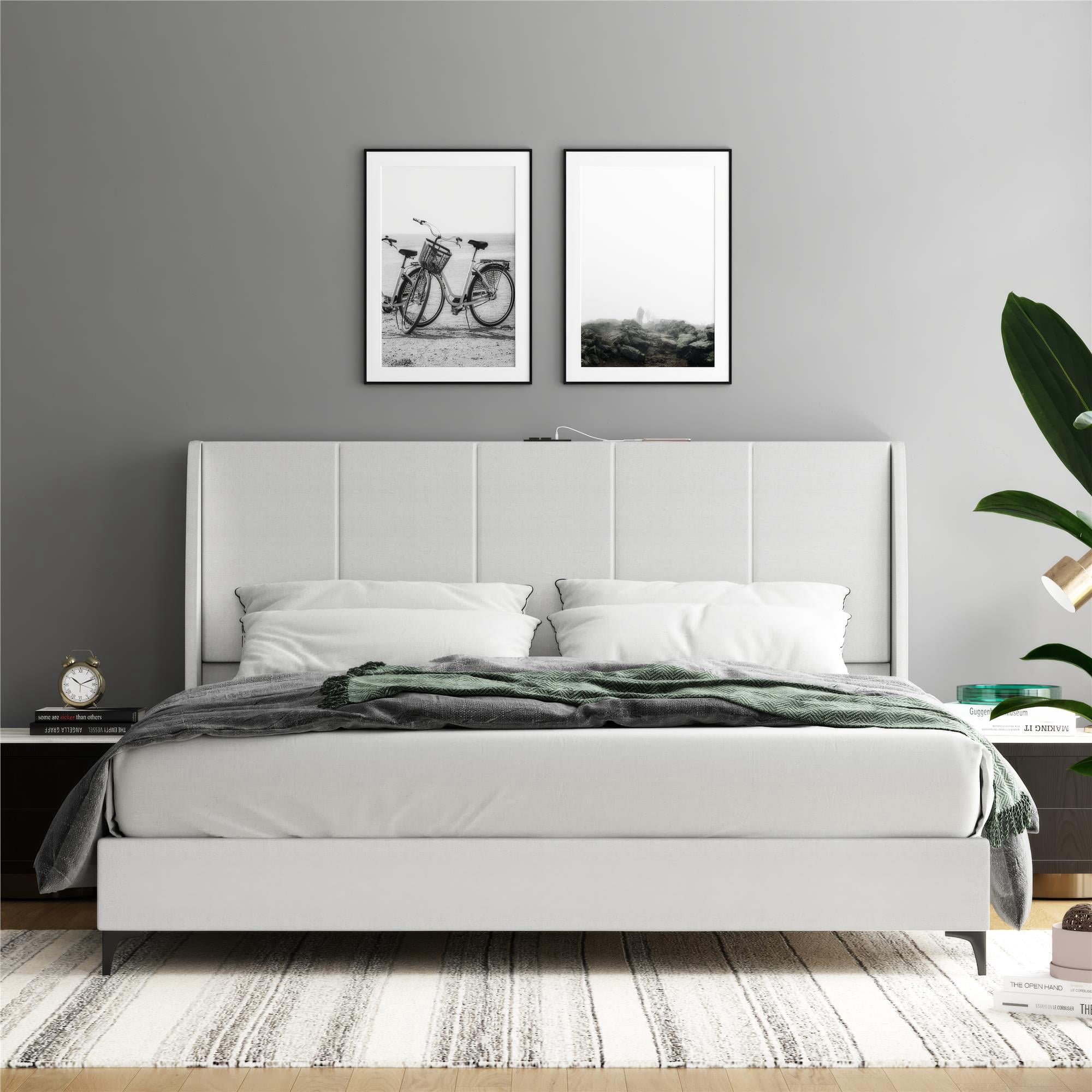 DHP Lamora Upholstered Wingback Bed Frame with USB, King, Light Gray Linen