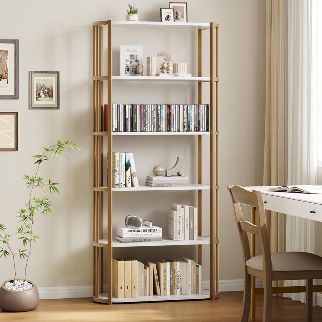 Twister.CK 6 Tier Bookshelf with Metal Frame, Industrial Tall Bookcase, Freestanding Open Back Display Rack, Storage shelf, for Bedroom, Living Room, White
