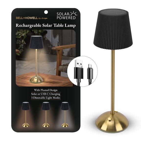 Bell Howell Solar Rechargeable Pleated Table Lamp 3-Pack, Touch Dimmable LED with USB-C Charging, Black
