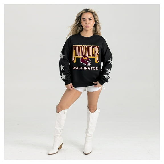 Women's Gameday Couture Black Washington Commanders Pure Victory Rhinestud Star-Sleeve Pullover Sweatshirt